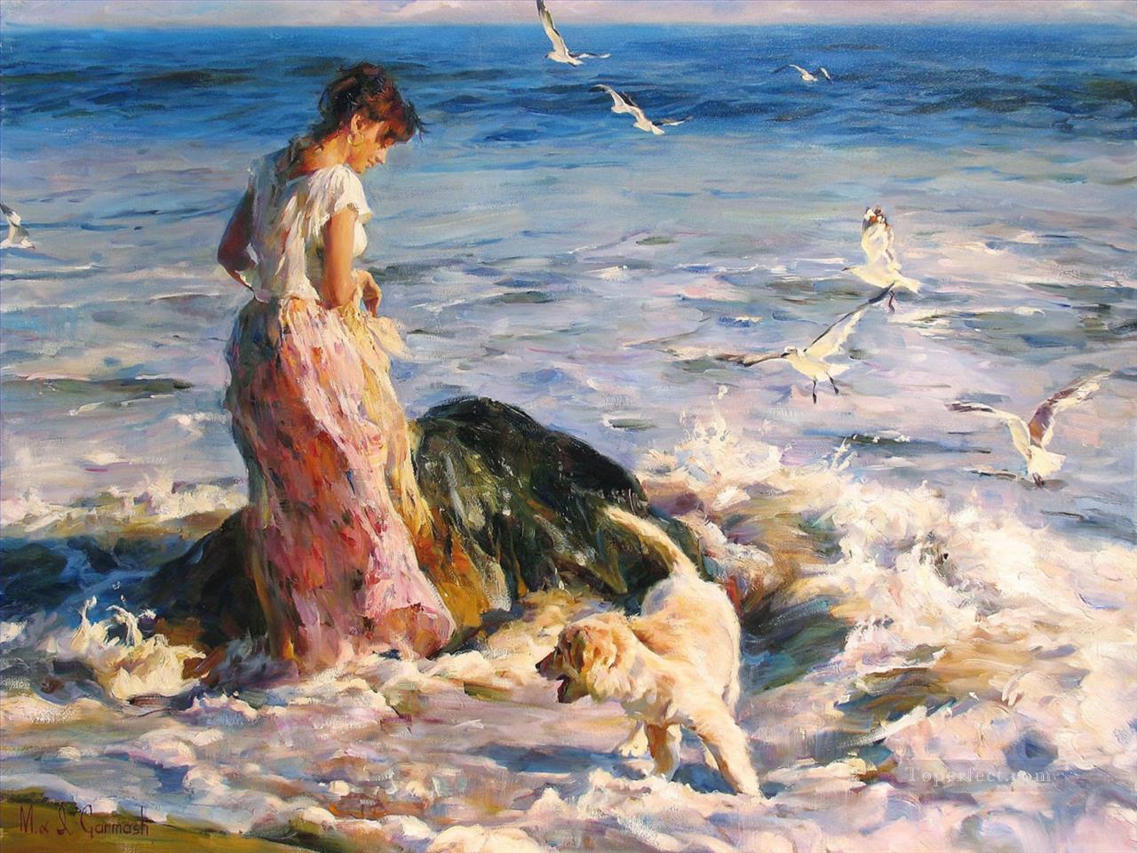 Pretty Girl seagulls dog MIG 32 Impressionist Oil Paintings